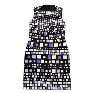 ST JOHN Purple & Black Geometric Print Sleeveless Sheath Dress Pockets Size 8
